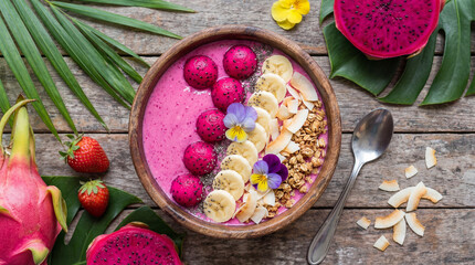 Delicious smoothie bowl with vibrant toppings, including bananas, granola, and dragon fruit