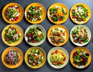 Assortment of vibrant salads on colorful plates arranged in a grid