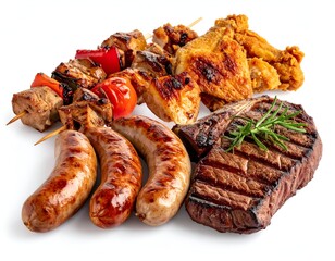 Grilled meats kebabs, chicken, steak, and sausages on a white surface