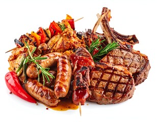 Assortment of grilled meats, vegetables, and sausages, ready to eat