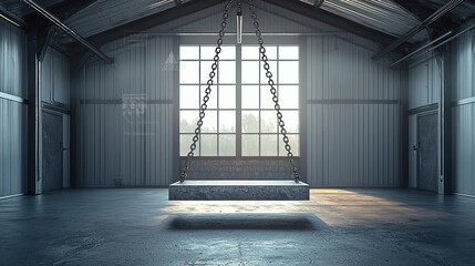Concrete swing in industrial warehouse, sunlit windows, empty space, product display