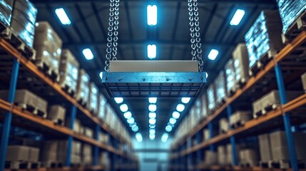 Warehouse hoist lifts pallet; logistics, storage