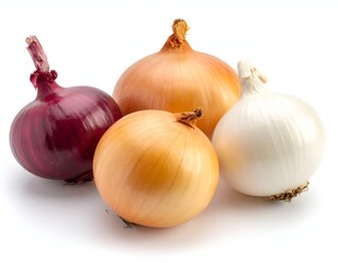 Four raw onions, purple, yellow, and white, sit on a bright white surface