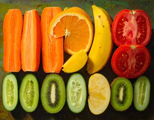 Colorful fruits and vegetables, neatly arranged, split open