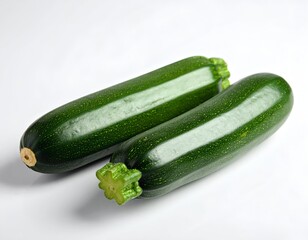 Two fresh green oblong vegetables with textured skin on a white background