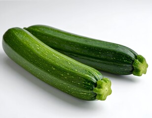 Two elongated, dark-green zucchini vegetables, set on white surface