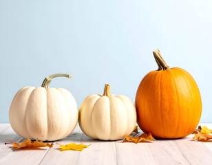 Three pumpkins, two white and one orange, with fallen leaves