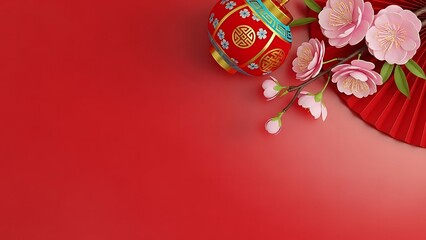 Vibrant red decoration with cherry blossoms