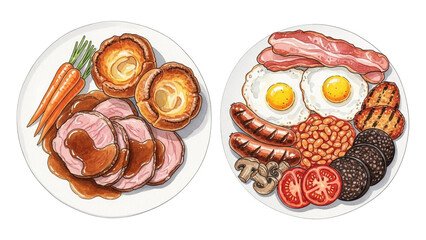 A delightful duo of classic british cuisine featuring a traditional sunday roast and a hearty full english breakfast isolated on transparent background