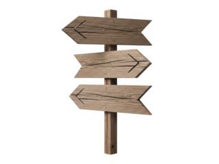 Wooden signpost with three directional arrows isolated on transparent background