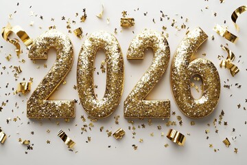 Golden 2026 number with sparkling confetti and streamers on clean background, celebrating new year concept and festive countdown.
