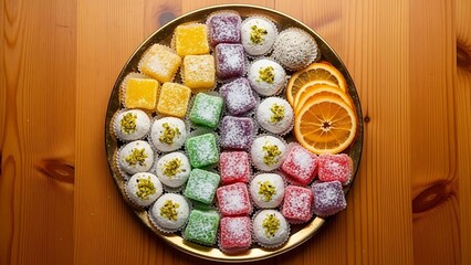 Colorful assortment of turkish delights and orange slices on a wooden table
