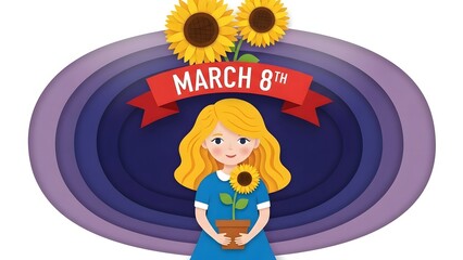 Naklejka premium Happy women's day celebration on march 8th with sunflowers and empowerment
