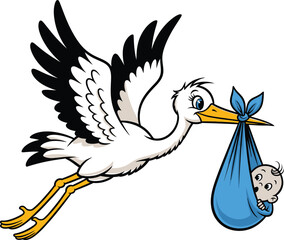 A cheerful cartoon stork flying and delivering a precious newborn baby in a blue bundle