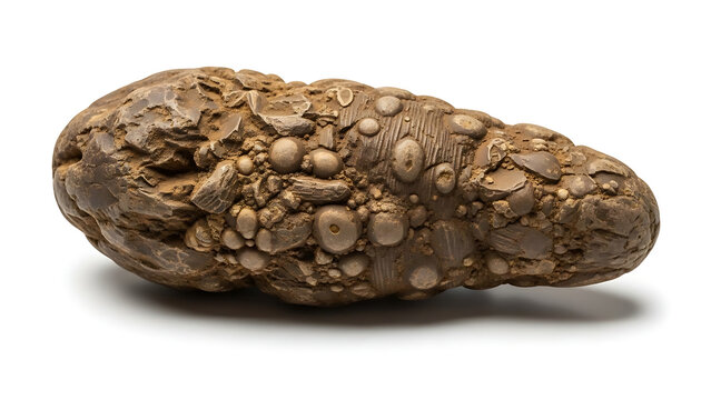 Detailed close-up of a preserved prehistoric coprolite specimen on a clean white background