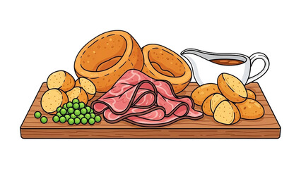 A delightful illustration of a classic british roast dinner with beef, yorkshire puddings, potatoes, peas, and gravy isolated on transparent background