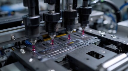 Medium shot of compact robotic devices performing intricate printing adjustments highlighting precision and detail in automated print processes.