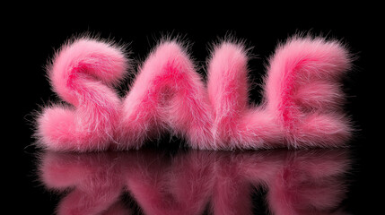 Fototapeta premium Pink Fluffy Fur 3D Text Reading “SALE” on Black Reflective Background, Luxury Fashion Discount Promotion Concept, Glamour Retail Marketing Banner, Bold Seasonal Offer Typography with Copy Space