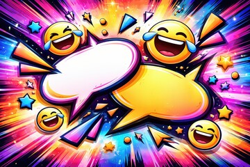 Fototapeta premium Colorful explosion of laughter and fun with emojis and dynamic speech bubbles creating a vibrant atmosphere filled with joyous energy and expressive communication