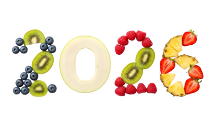 Vibrant fruit arrangement forming the year 2023 on black background