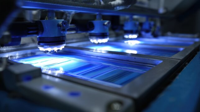 Detailed footage of the UV curing process on printed materials using specialized lamps emphasizing the transformation of coatings.