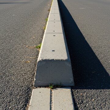 Detailed view of a rigid concrete curbstone separating the asphalt street pavement from the elevated pedestrian sidewalk path, ground, asphalt, construction