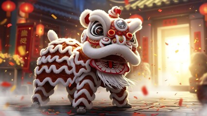 Vibrant lion dance in traditional setting