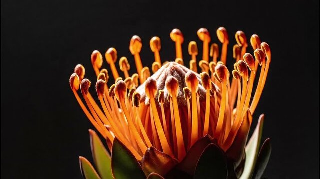 Glowing orange protea flower against a dark background showcasing its intricate details and vibrant beauty