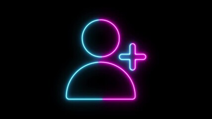 Glowing profile add user icon animation on black background, Looped Neon Lines abstract contact with add friend icon animation plus sign add member head face people man profile animated - Powered by Adobe
