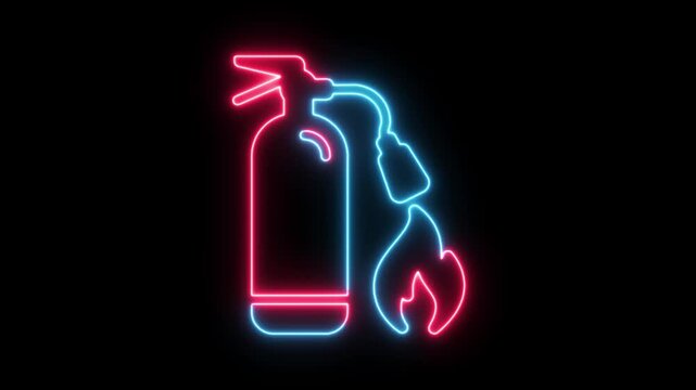 Animated line icon of a fire extinguisher. Represents firefighting, emergency safety, and prevention. Isolated on black background, Fire extinguisher neon glow icon animation background