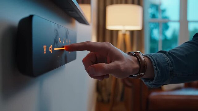 Person adjusts smart thermostat on wall panel. Hand controls digital home temperature display. Smart home automation with thermostat control. Person touches panel in modern home interior.