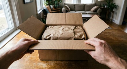 POV of hands opening a plain cardboard delivery box on a wooden table