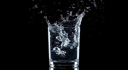 Clear water pouring into a glass with bubbles and splash on black background