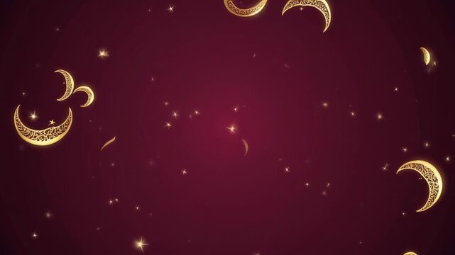 Golden crescent moons and sparkling stars on a rich maroon background, creating a festive and elegant design.