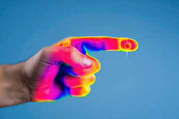 Thermal camera image shows hand pointing with finger highlighted in heat map style against blue background, illustrating temperature differences and human touch