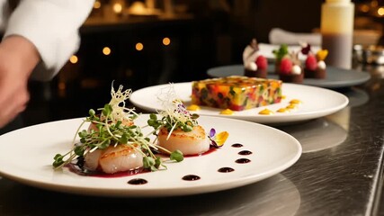 Chef plating gourmet dishes in professional kitchen setting