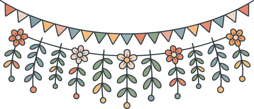 A charming garland with pastel colored flags and delicate flowers on hanging vines creating a festive decoration