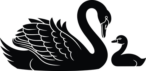 Obraz premium Black swan with cygnet silhouette isolated on white background, mother and baby bird, waterfowl, nature animal family, elegance pond icon.