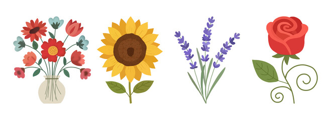 Beautiful Flat Floral Collection Featuring Wildflower Bouquet, Sunflower, Lavender, and Red Rose. © TuaKaPiak