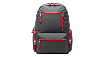 Gray backpack with red zippers and accents on black background grey, Isolated On Png Transparent Background