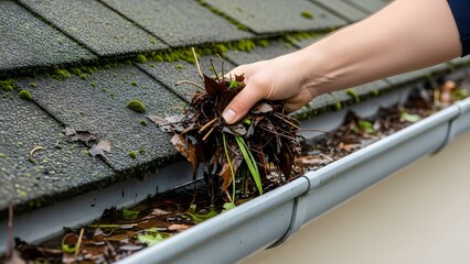 Hand clearing clogged gutter with wet leaves and debris from mossy roof shingles gutter cleaning