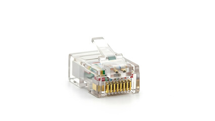 Ethernet connector for network cable on a clean white background for technology and communication
