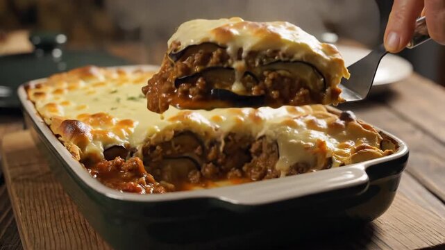 Close up of baked dish with melted cheese being served on wooden surface