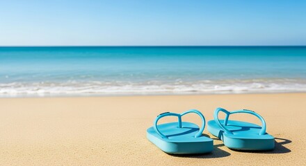 Obraz premium Blue flip flops on a sandy beach with turquoise ocean and clear sky, representing a summer holiday and relaxation concept for Australia Day.