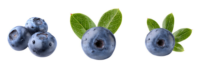 Fresh blueberries with green leaves transparent background nature studio shot healthy snack