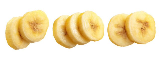 Sliced banana pieces on a transparent background food photography isolated viewpoint