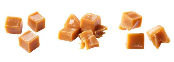 Delicious caramel cubes transparent background food photography close-up