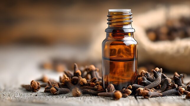 Clove essential oil bottle with clove buds