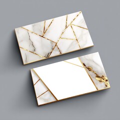 Luxury White Marble Business Cards with Gold Geometric Pattern and Blank Space Mockup on Grey Background