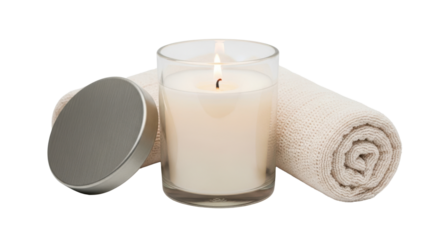 Lit white candle in glass jar with silver lid and rolled cream towel flame wick, Isolated On Png Transparent Background
